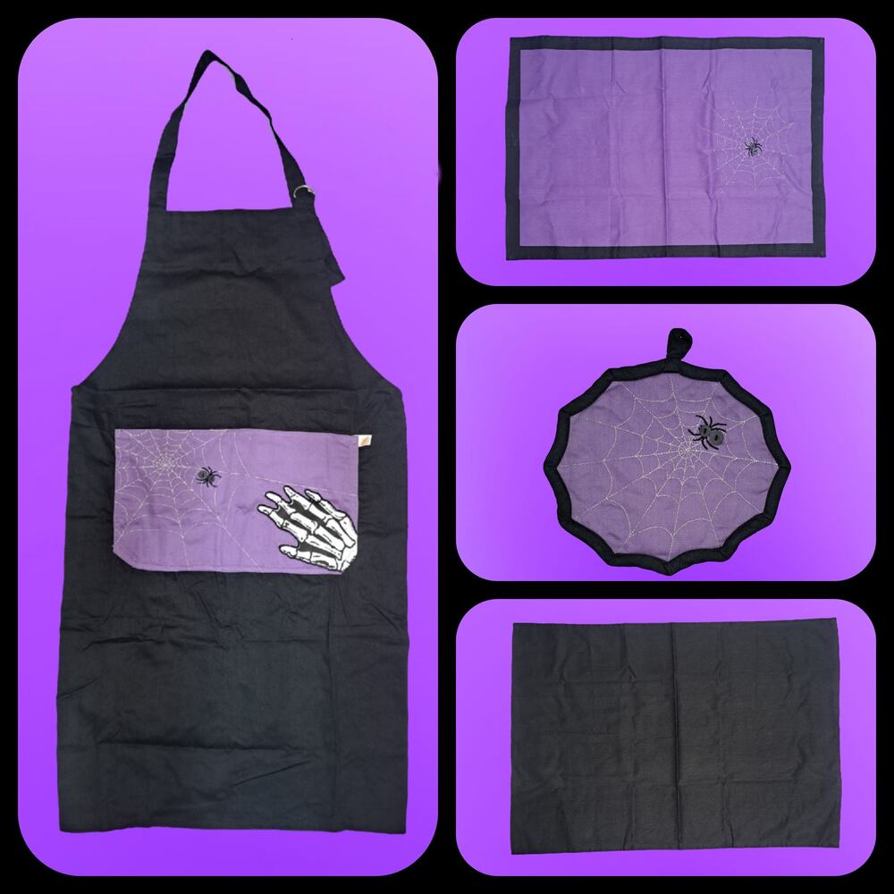 4 piece Spider Web Purple & Black Halloween Kitchen Apron & Pot Holder Set